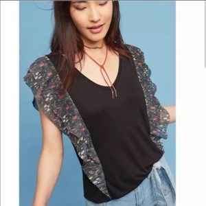 Anthropologie Black Blouse with Multicolor Ruffle Sleeves